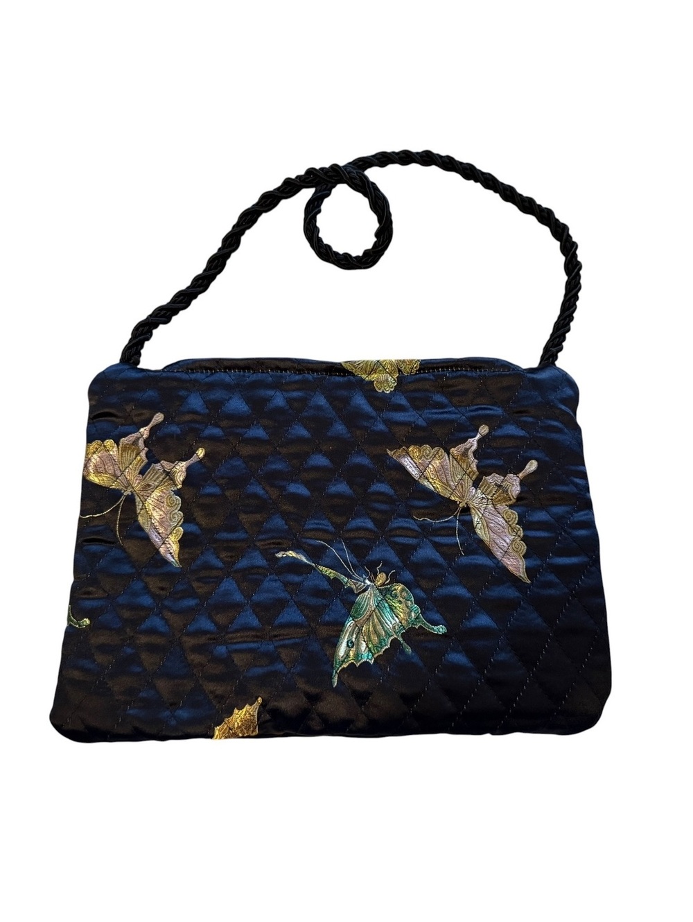 Black Quilted Satin Shoulder Bag with Butterfly Embroidery